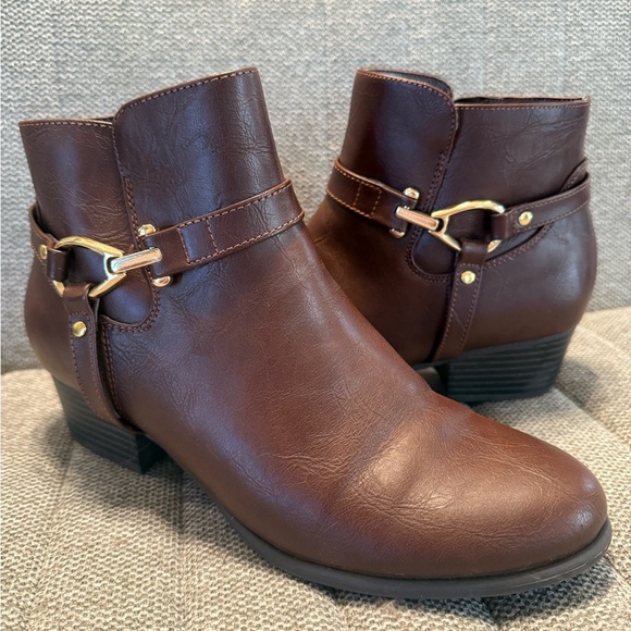 Unisa Brown Heeled Boots with Gold Hardware - Picture 1 of 4